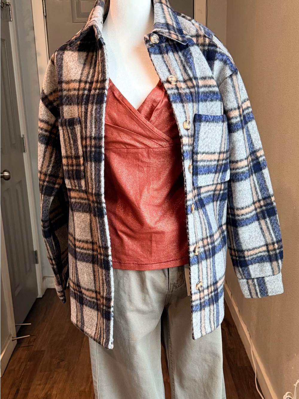 Bardot Checked Flannel Plaid Shirt Jacket Shacket Blue Gray